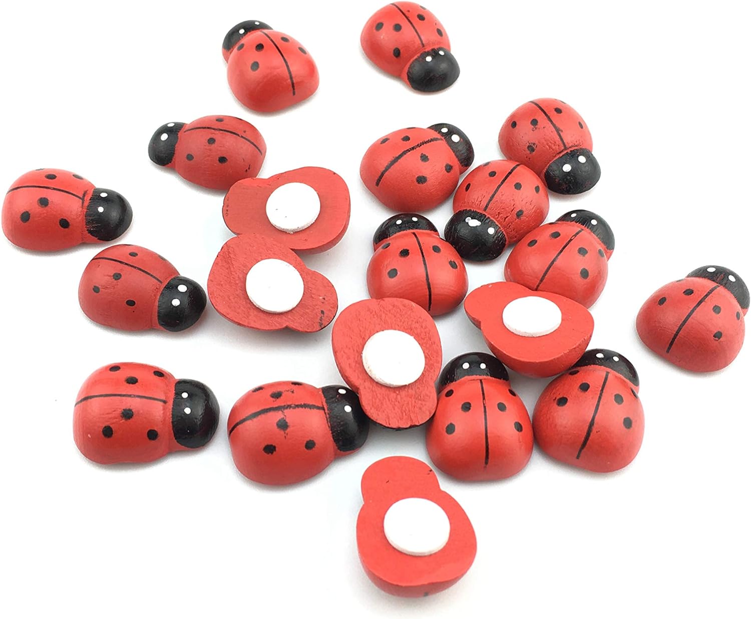 HoneyToys 20Pcs Painted Wooden Ladybug/Self Adhesive/Craft/Decorations/Home Decor/Plants (0.74x0.97in)