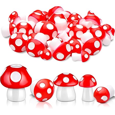 Cute Tiny Mushrooms Mini Miniature Figurines Garden Mushrooms Ornaments Mushroom Model Garden Miniature Statue Landscape DIY Bonsai Craft for Home Decoration Supplies (Red,50 Pieces)