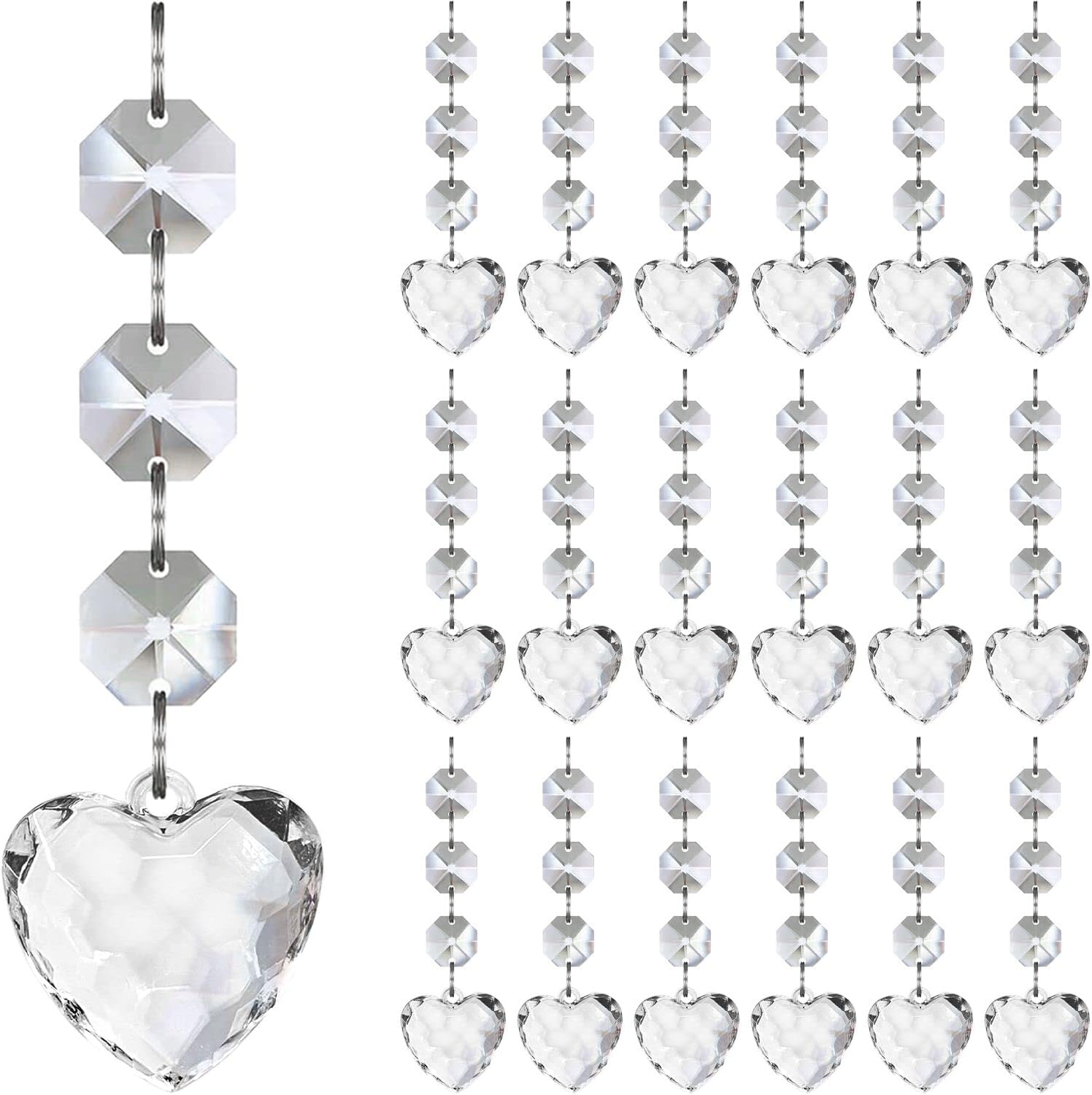 Jishi 30pk Crystal Heart Ornaments for Christmas Tree Decorations, Clear Plastic Hanging Crystals Centerpieces Chandeliers Garland, Acrylic Heart Prism Drop Pendant Gem String Bead Jewel Chain Strands