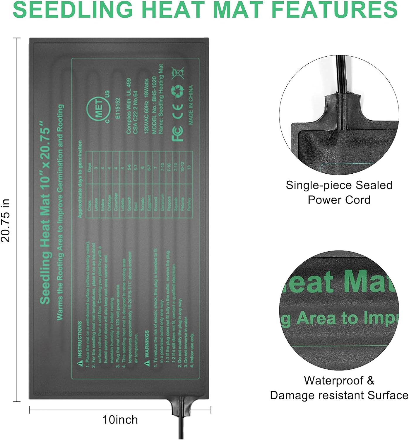 HYDGOOHO Seedling Heat Mat 4 Pack, MET Certified Heating Mat for Plants Grow Seed Starting Greenhouse, Waterproof Durable Germination Warm Hydroponic Heating Pad - Image 3
