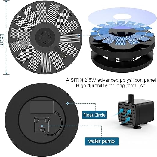 AISITIN 2.5W Solar Bird Bath Fountain Pump, Solar Fountain Pump for Bird Bath with 6 Nozzles, 6.7" Solar Powered Water Fountain Pump for Garden, Ponds, Pool, Fish Tank, Aquarium and Outdoor - Image 3