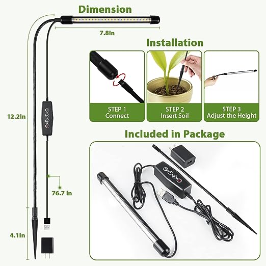Juhefa Grow Light for Indoor Plants Growing, 6000K Full Spectrum Gooseneck Plant Lamp for Seedings Succulents Small Plants, Auto On/Off Timing & 5 Dimming, 1-PACK - Image 2