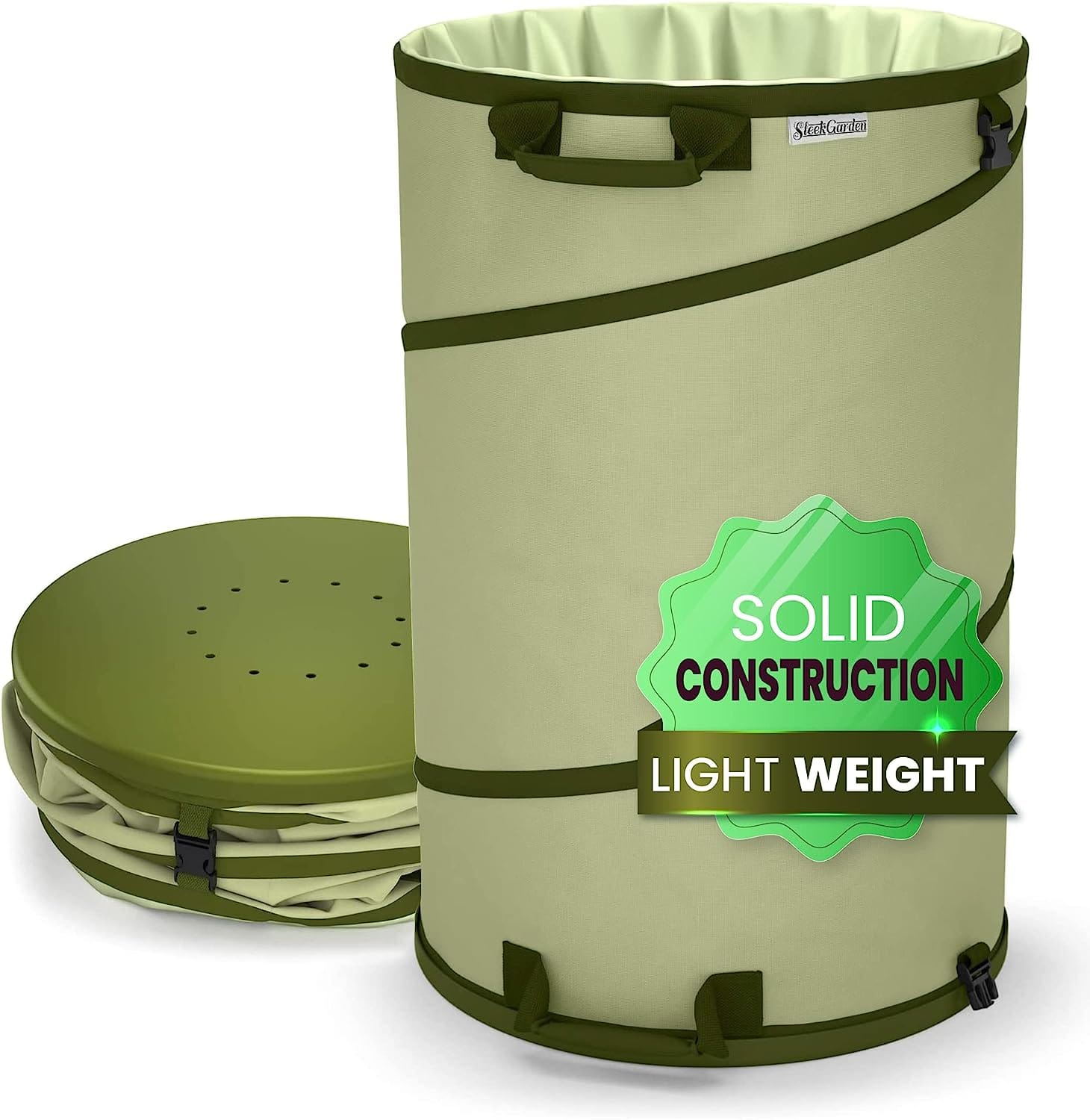 Collapsible -30 Gallon Canvas Garden Waste Bag -Pop-up Bucket Reusable Yard Leaf Bag Holder- Heavy Duty Hardshell Bottom – with Drain Holes for Lawn Pool Garden Camping Trash Debris Bag with Handles