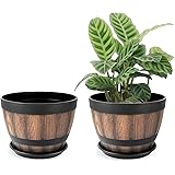 9 Inch Plant Pots with Drainage Holes & Saucer,2 Pack Decoration Flower Pots Canbe Used for Indoor Outdoor.Resin Whiskey Barr