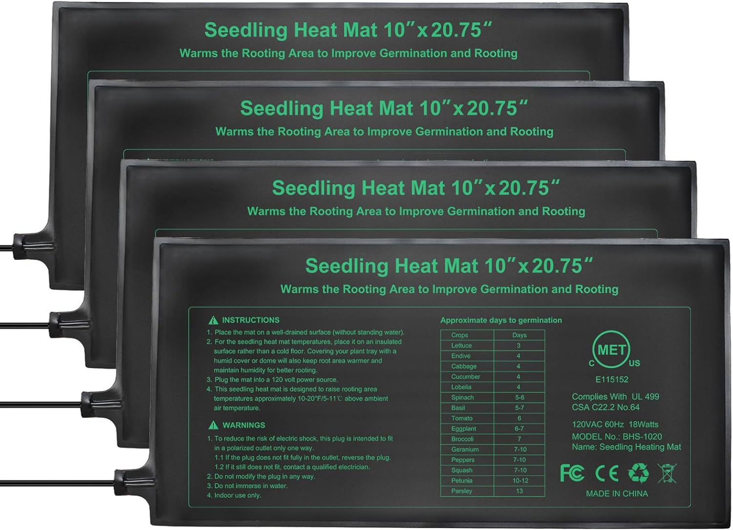 HYDGOOHO Seedling Heat Mat 4 Pack, MET Certified Heating Mat for Plants Grow Seed Starting Greenhouse, Waterproof Durable Germination Warm Hydroponic Heating Pad