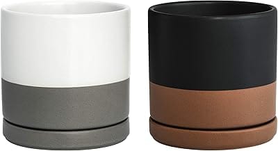 D'vine Dev Set of 2 Plants Pot, 6 Inch Ceramic Planter Pot for Plants with Drainage Hole and Saucer, White-Grey/Black-Tan, 94-V-S-C