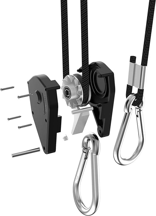 2 Pairs 1/8 inch Adjustable Heavy Duty Rope Hanger - Reinforced Metal Internal Gears Ratchets foe Growing Light Fixtures, Loose-Proof Design, 8-ft Long & 150lbs Weight Capacity - Image 2
