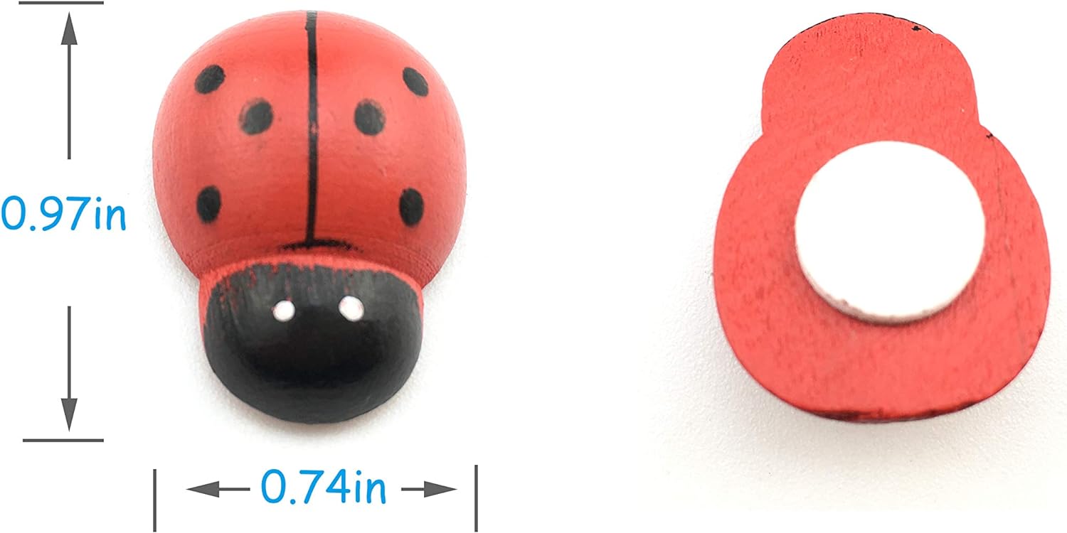 HoneyToys 20Pcs Painted Wooden Ladybug/Self Adhesive/Craft/Decorations/Home Decor/Plants (0.74x0.97in) - Image 2