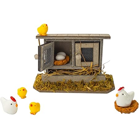 Hiawbon Miniature Retro Wooden Chicken Coop Mini Family Chicken,Hen,Chick,Egg,Chicken Nest Ornament Micro Landscape Fairy Garden Decor