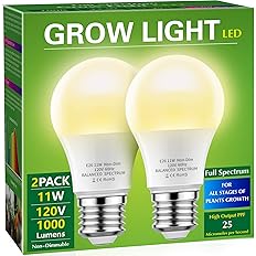 Briignite LED Grow Lights, Full Spectrum A19 Bulbs, E26 Base, 11W Equivalent to 100W, For Indoor Plants, Seed Starting, 2 Pac
