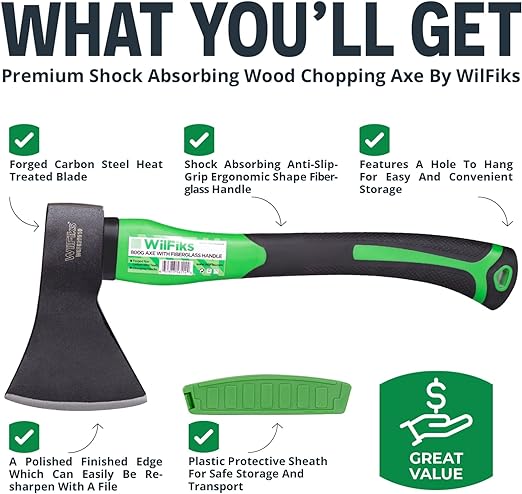 WilFiks Chopping Axe, 15” Camping Outdoor Hatchet for Wood Splitting and Kindling, Forged Carbon Steel Heat Treated Hand Maul Tool, Fiberglass Shock Reduction Handle with Anti-Slip Grip - Image 2