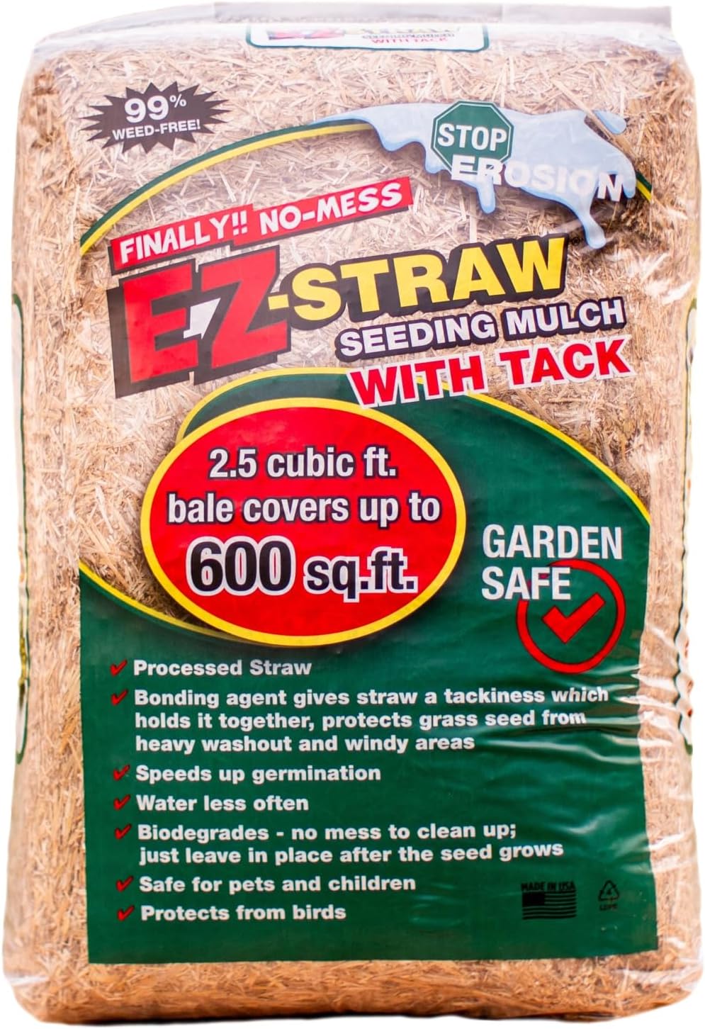 EZ-Straw Seeding Mulch with Tackifier - Biodegradable Processed Straw a 2.5 CU FT Bale (Covers up to 500 sq. ft.)