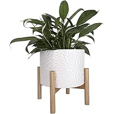 LA Jolie Muse White Planter with Stand,Mid Century Planters for Indoor Plants,Ceramic Plant Pot with Stand - 8 Inch Unique Mo