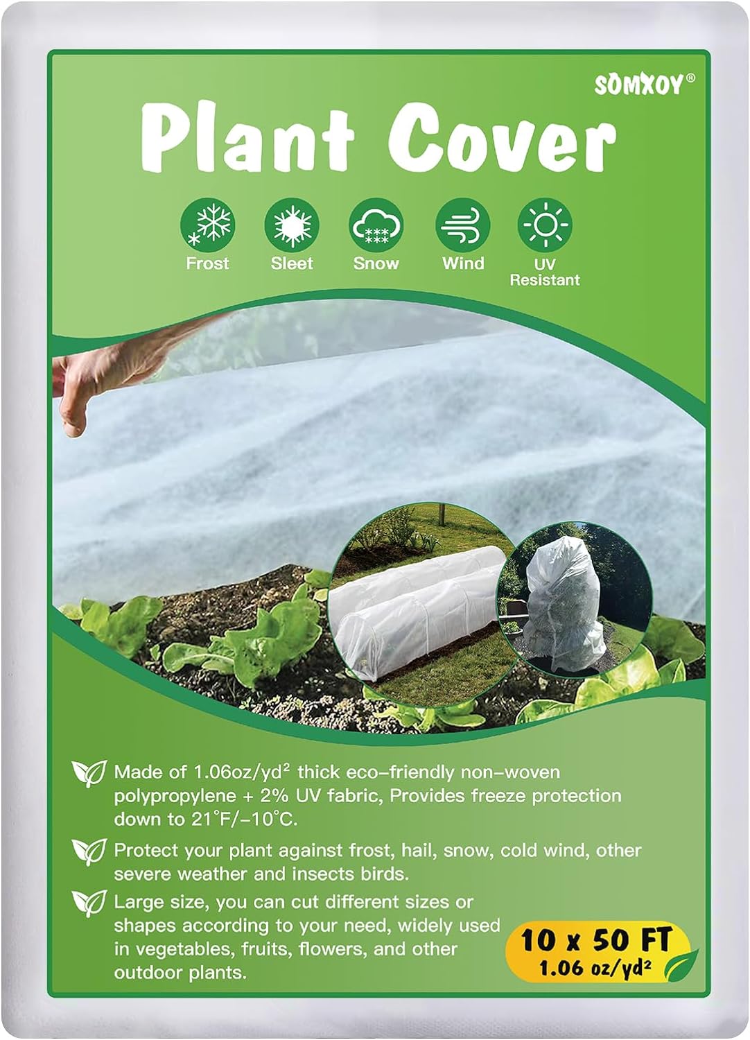 SOMXOY 10x50FT Plant Cover Freeze Protection 1.06 oz/yd² Thick Frost Cloth Blanket Plant Protector Reusable Floating Row Tree Covers for Garden Outdoor