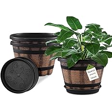 Plant Pots Set of 3 Pack 10 inch,Whiskey Barrel Planters with Drainage Holes & Saucer.Plastic Decoration Flower Imitation Win
