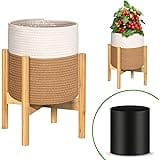 PAULINN Plant Basket with Stand | Indoor Plant Basket with Liner | Fits Up to 10 Inch Size Plant Pots | Cotton Rope Woven pot
