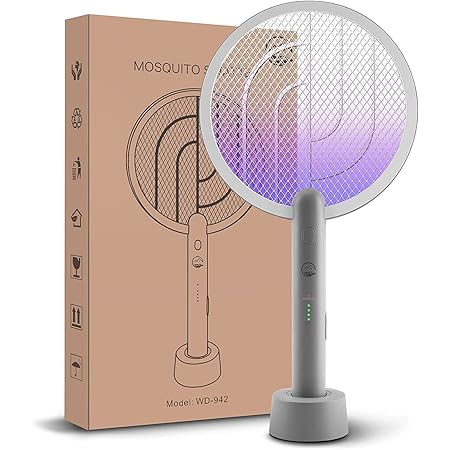 Electric Fly Swatter Racket, Mosiller 4000V 2 in 1 Bug Zapper with USB Rechargeable Base, Powerful Mosquitoes Trap Lamp & Fly Killer with 3 Layer Safety Mesh for Home, Bedroom, Kitchen, Patio (1 Pack)