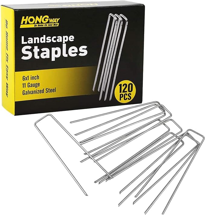 HongWay 120 Pack Landscape Staples 6 Inches 11 Gauge Stakes, Galvanized Garden Stakes U-Shaped Pins and Landscaping Staples for Sod Anchoring Landscape Fabric Irrigation Tubing