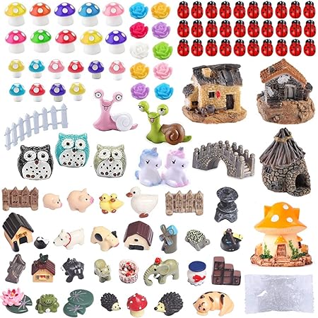 104 PCS Miniature Fairy Garden Accessories, Including Fairy Garden Animals, Mini Garden Houses and DIY Fairy Garden Dollhouse Decoration,Miniature Figurines, Micro Landscape Ornaments, Garden DIY Kit