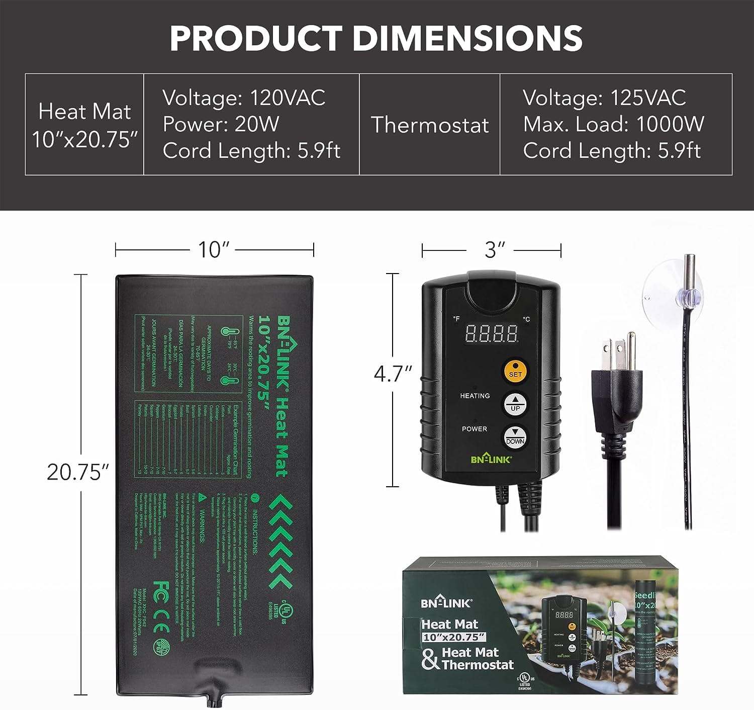 BN-LINK Durable Seedling Heat Mat Heating Pad 10" x 20.75" with Digital Thermostat Controller Combo Set Waterproof for Indoor Seed Starting and Plant Germination - Image 2