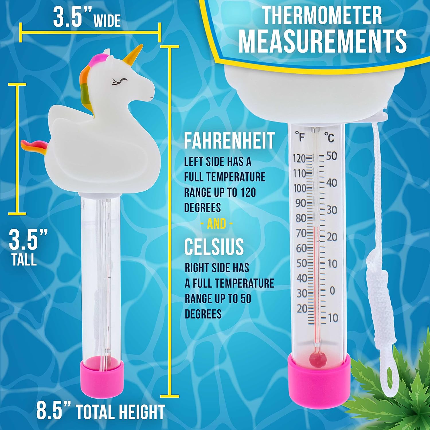 U.S. Pool Supply Floating Unicorn Thermometer - Easy to Read Temperature Display, Measures up to 120° Fahrenheit & 50° Celsius, Swimming Pools, Spas, Kids Pools, Cute Fun Pink Animal Pet Float Tether - Image 3