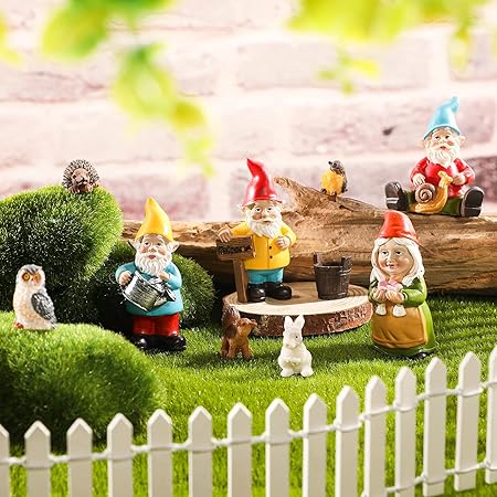 10 Pieces Mini Fairy Gnomes Statue Garden Accessories Kit Miniature Garden Resin Gnomes Hand Painted Squirrel Hedgehog Owl Bird and Bucket Ornament for Plant Pots Yard Lawn Home Outdoor Decorations