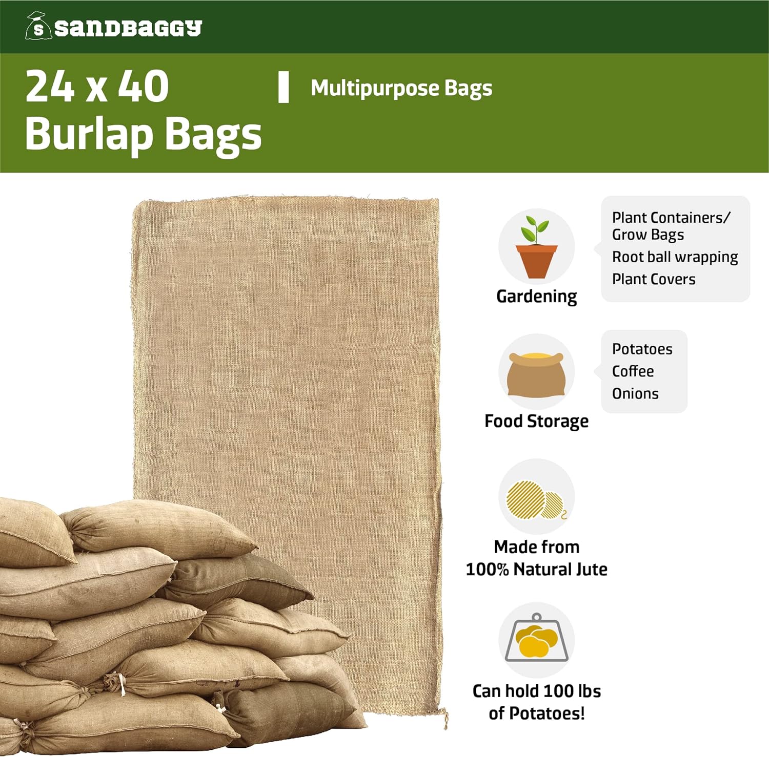 Sandbaggy - Large Burlap Bags 24" x 40" - Burlap Sack Race Bags for Kids & Adults - Premium Quality Burlap Bags for Vegetables- Bad Weather/Frost Protection - Pack of 4 - Great as Potato Sacks - Image 3