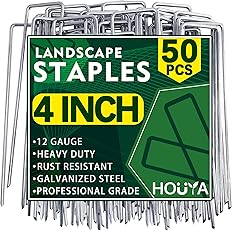 HOUYA 50 Pack Landscape Staples 4 Inch 12 Gauge Garden Stakes Galvanized Garden Staples Pins Anti-Rust Ground Stakes for Weed
