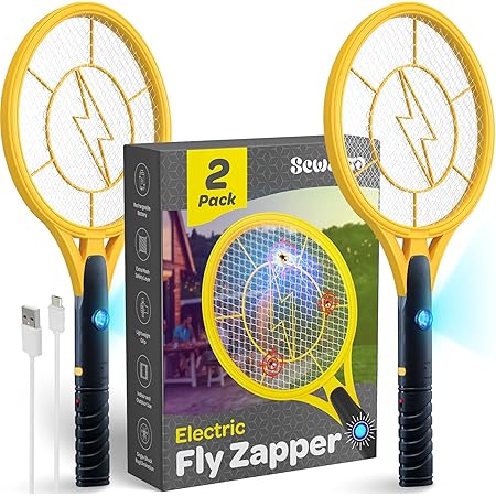 Electric 4000 Volt Fly Swatter [Set of 2] Handheld Bug Zapper Racket for Indoor/Outdoor - Instant Bug & Mosquito Killer with Attractant LED Light - USB Rechargeable Portable Fly Zapper.