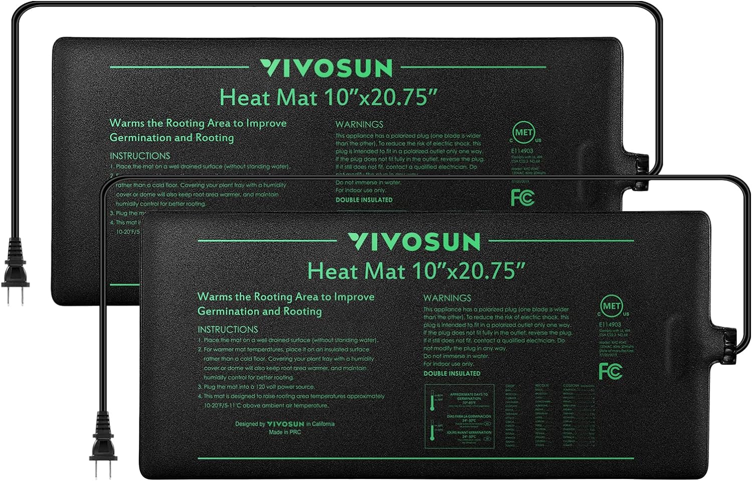VIVOSUN 2 Pack Durable Waterproof Seedling Heat Mat 10" x 20.75" UL & MET-Certified Warm Hydroponic Heating Pad for Germination, Indoor Gardening, Greenhouse