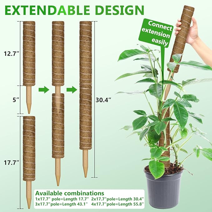Moss Pole 56 Inch, 4 Pcs Moss Pole Monstera Plant Support, 17.7 Inch Coir Totem Pole Moss Stick for Climbing Plants Indoor Monstera Extension, Train Potted Creepers to Grow Upwards, 65 Feet Twist Tie - Image 3