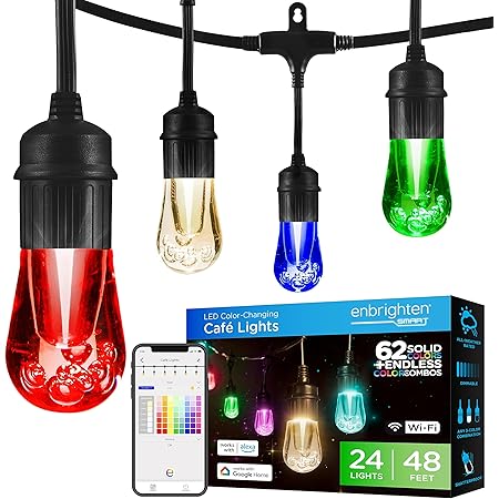Enbrighten Premium Smart Color Changing String Lights, 48ft Black Cord, 24 Shatterproof Acrylic Bulbs, Weatherproof, Customizable, Wi-Fi App Control, Dimmable Outdoor String Lights, 57415