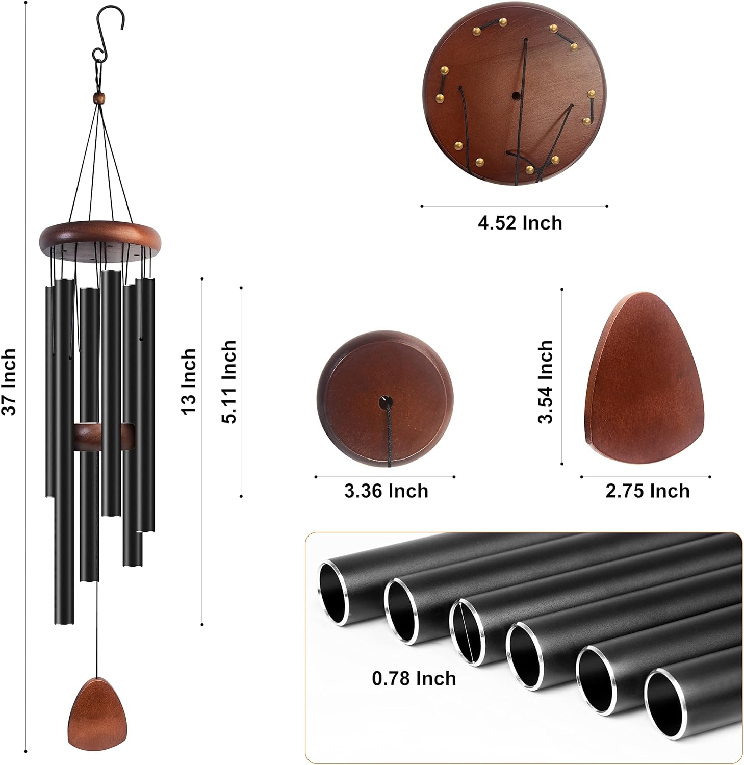 Large Aluminium Wind Chimes 37" Inches to Create a Zen Atmosphere for Outdoor, Garden, Patio Decoration with Wind Catcher, Classic Black, Suitable as A Gift for Unisex - Image 11