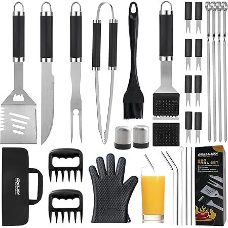 grilljoy 30PCS BBQ Grill Tools Set with Meat Claws - Extra Thick Steel Spatula, Fork& Tongs - Complete Grilling Accessories in Portable Bag - Perfect Grill Gifts for Men and Women