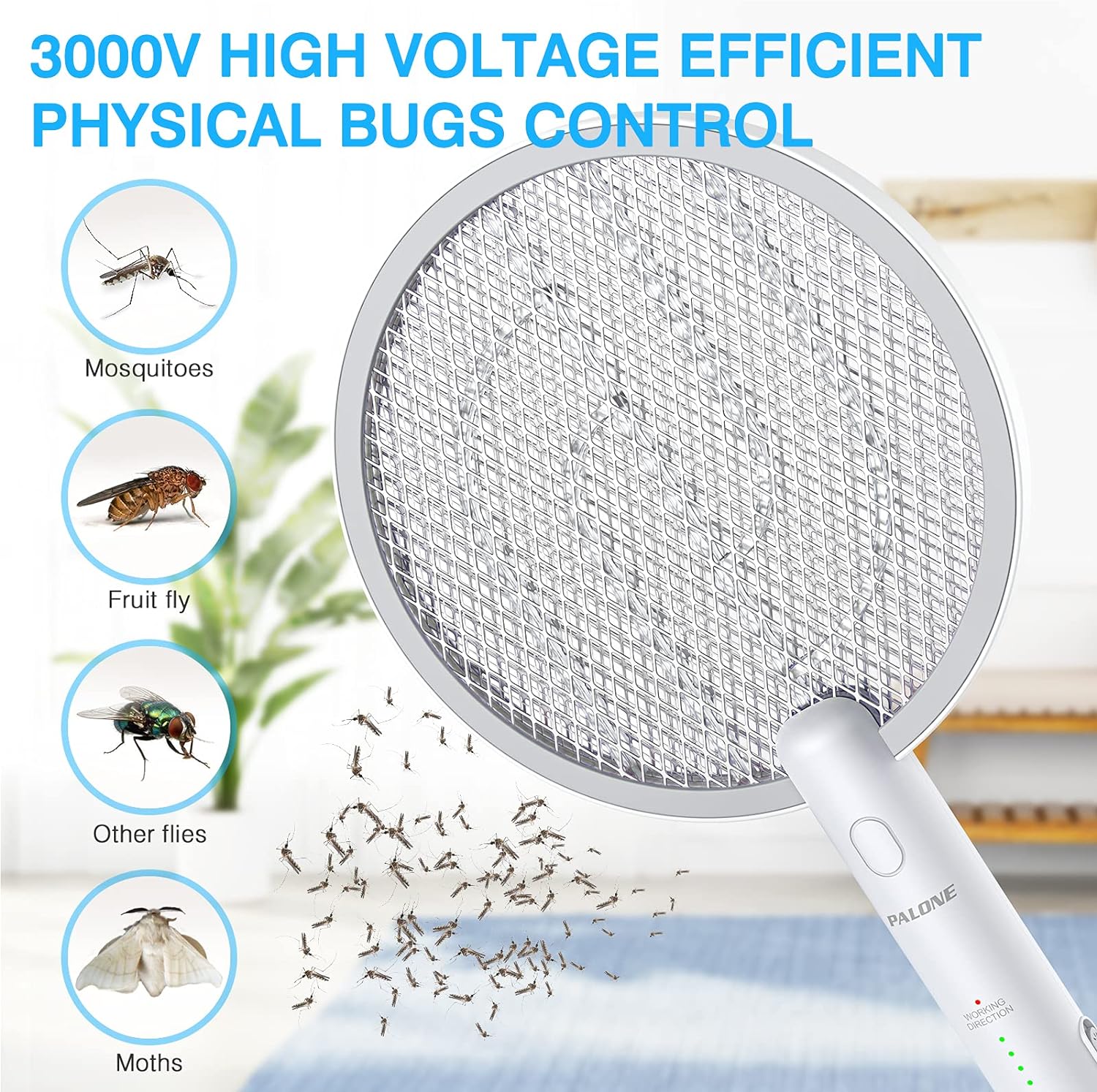 PALONE Electric Fly Swatter 3000V Bug Zapper Racket 2 in 1 Fly Swatter with 1200mAh Battery Rechargeable Mosquito Killer Lamp with 3 Layers Safety Mesh for Indoor and Outdoor - Image 2