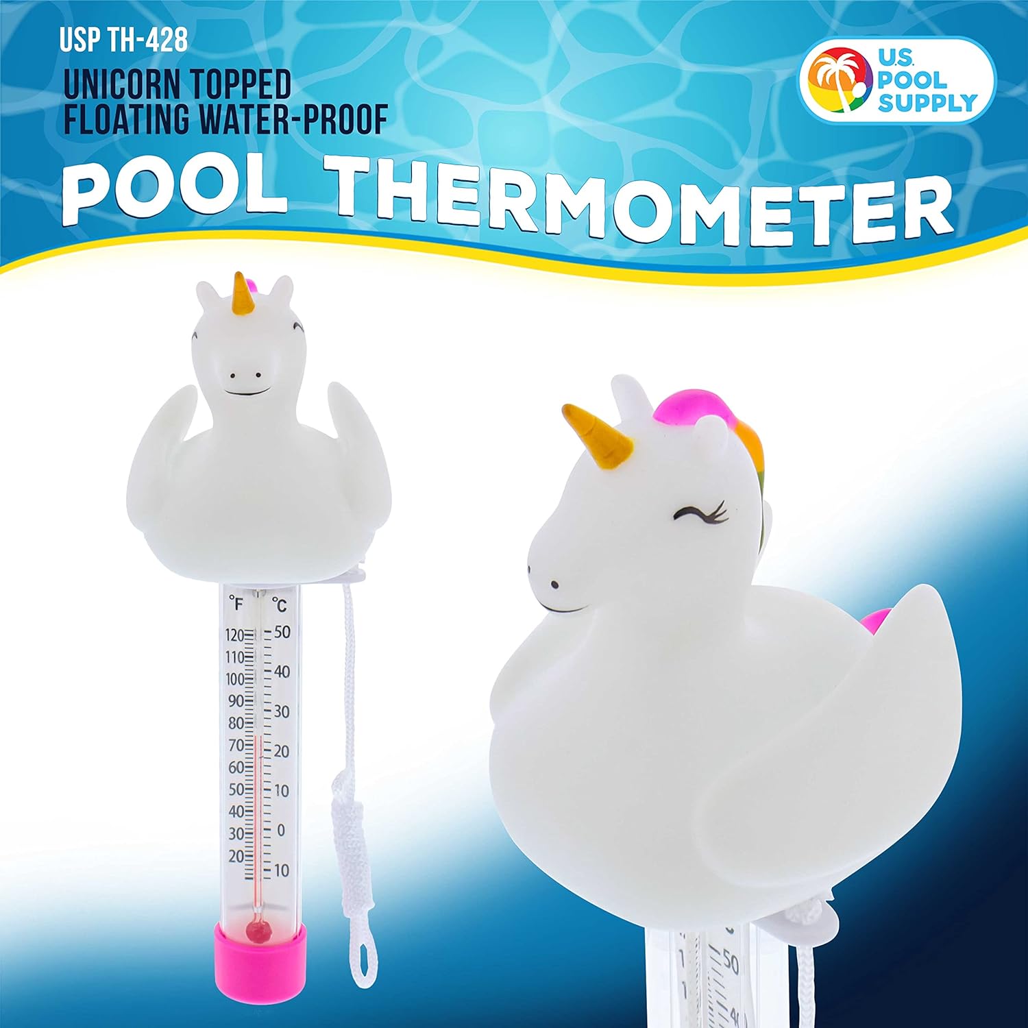 U.S. Pool Supply Floating Unicorn Thermometer - Easy to Read Temperature Display, Measures up to 120° Fahrenheit & 50° Celsius, Swimming Pools, Spas, Kids Pools, Cute Fun Pink Animal Pet Float Tether - Image 2