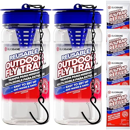 2 Reusable Fly Traps Outdoor Fly Traps with 4 Natural Fly Magnet Bait Refill. Flies Trap Outdoor Reusable Fly Trap Jar Fly Trap Fly Catchers Outdoor Fly Bait Fly Bags Flytraps Stable Horse Fly Trap