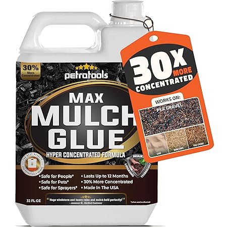 PetraTools Max Mulch Glue for Landscaping Concentrate Covers (150-300 sq ft), Mulch Binder Glue, Pea Gravel, Mulch for Garden, Mulch for Landscaping, Landscape Rock Glue, Gravel Glue & Lock (32oz)