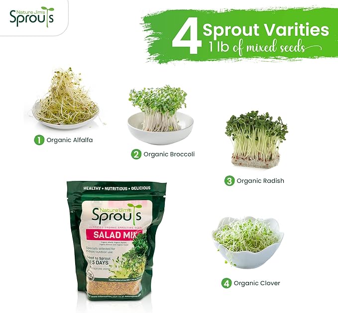 Nature Jims Sprouts Salad Sprout Mix - Organic Salad Mix for Growing - Non-GMO Microgreen Seeds - Healthy Broccoli, Alfalfa, Radish, Clover Sprouting Seeds Variety Mix - Microgreens Growing 1lb - Image 2