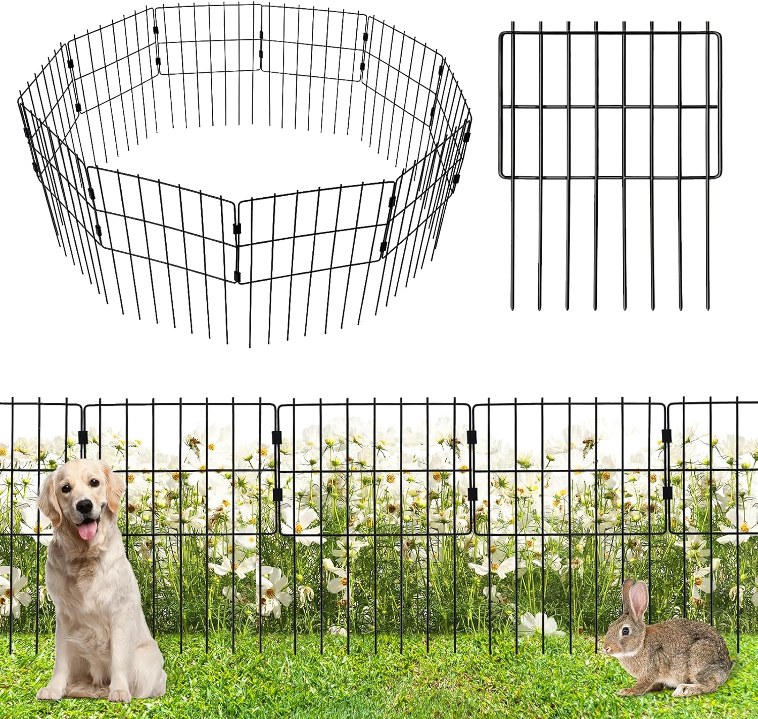 WEEDING Paquete de 25 cercas decorativas para jardín, 17 pulgadas de alto x 27 pies de largo, barrera de alambre de metal inoxidable para animales, reutilizable, sin excavar, para perros, conejos, estacas de tierra para patio al aire libre, color negro - Image 2