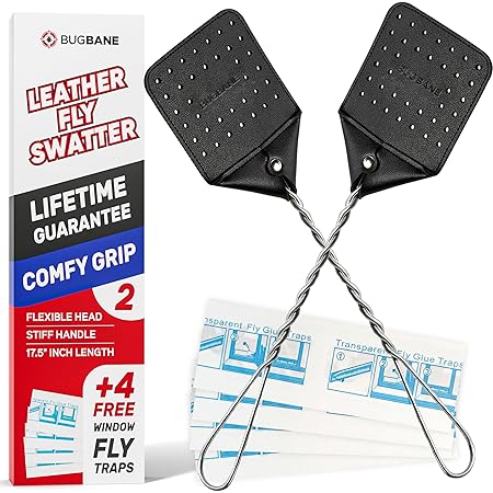 Leather Fly Swatter Manual 2pk with 4 Window Fly Traps. Extremely Heavy Duty Fly Swatter Heavy Duty Flyswatter Swatter Fly Swatters Multi Pack. Fly Swater Fly Swat. Fly Swatter for Indoors Outdoors