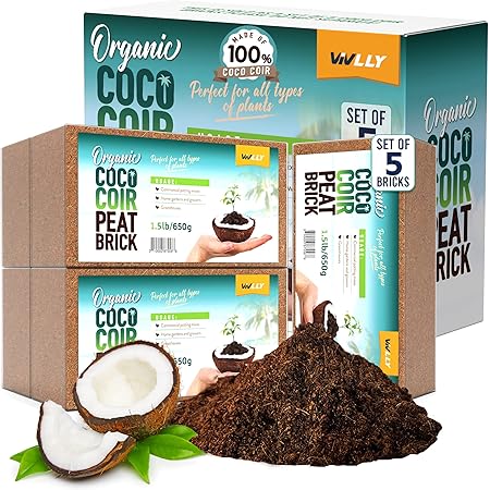 Compressed Coco Coir, 5 Pack Organic Coconut Coir, 1.4 Lbs Coco Coir Brick, Coconut Soil with Low EC & pH Balance, Coco Fiber for Herbs & Flowers, High Expansion, Renewable Coconut Soil for Planting