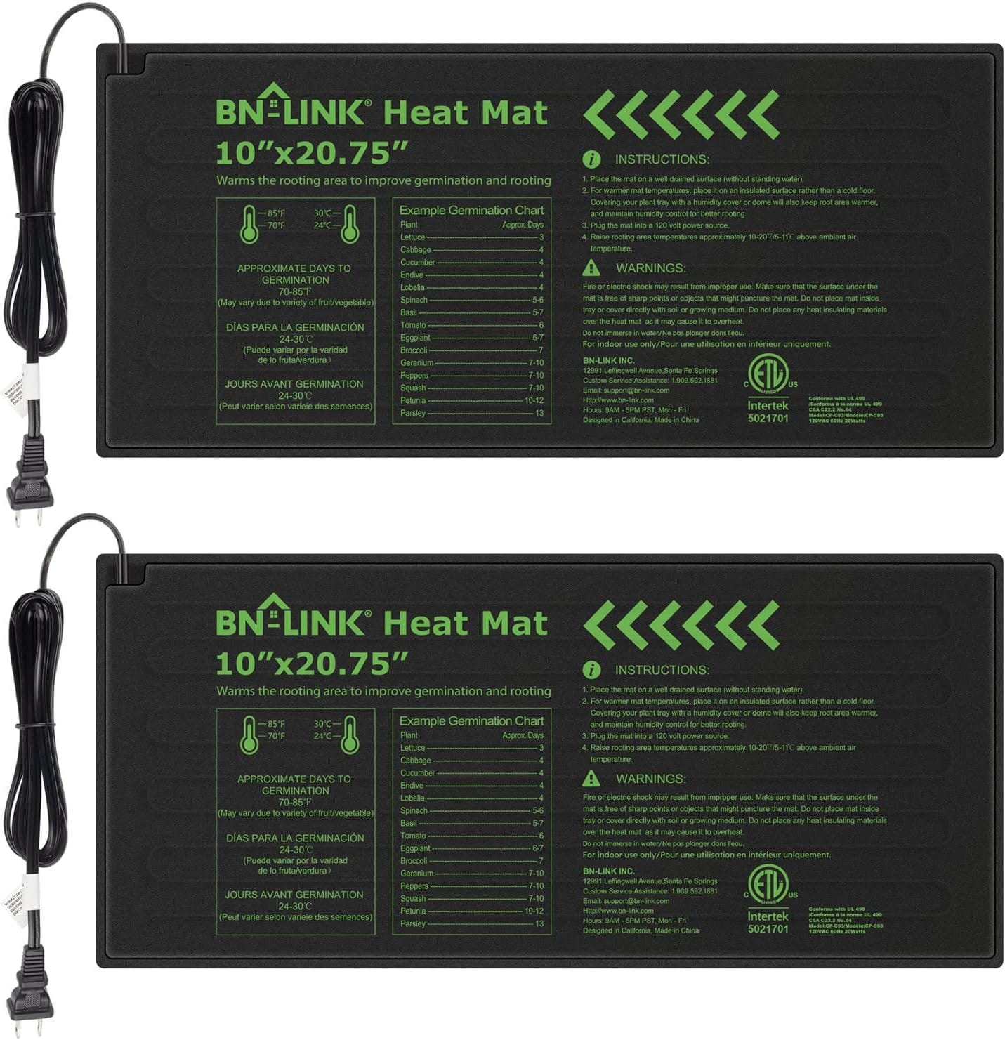 BN-LINK Durable Seedling Heat Mat Warm Hydroponic Heating Pad Waterproof 10" x 20.75" - 2 Pack for Seed Starting Greenhouse and Germination