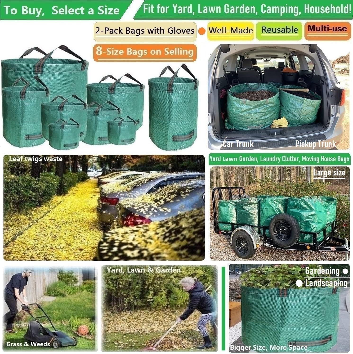 Professional 2-Pack 137 Gallon Lawn Garden Bags (D34, H34 inches) Yard Waste Bags with Garden Gloves, Large Leaf Bags,Yard Debris Bags,Gardening Clippings Bags,Leaf Container,Lawn Trash Bags 4 Handles - Image 2