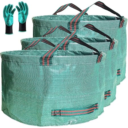 Professional 3-Pack 63 Gallon Big Lawn Garden Bags (D31, H19 inches) Yard Waste Bags with Gardening Gloves - Standable Leaf Bag,Yard Debris Bags,Garden Trash Container,Grass Clippings Bag W/ 4 Handles