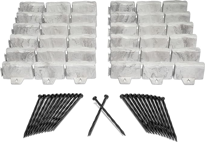 EasyFlex No-Dig Landscape Edging with Anchoring Spikes, 2.7 in. Tall Decorative Stone-Look Garden Border, 15 Foot Kit, Light Gray (3602G-15C-6)