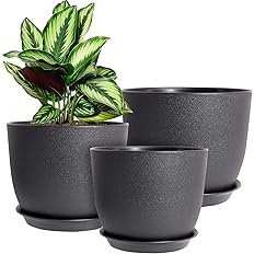 WOUSIWER Plant Pots 10/9/8 inch, Set of 3 Modern Decorative Plastic Planters with Drainage Holes and Saucers for House Plants
