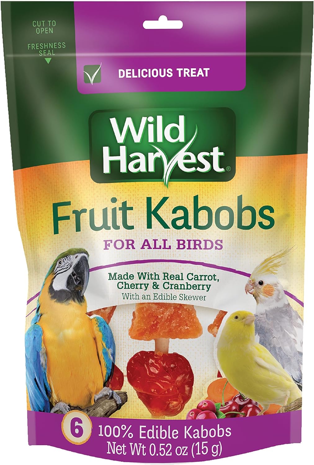 Wild Harvest Fruit Kabobs for All Birds, 6 Count, Made with Real Carrot, Cherry and Cranberry with Edible Skewer, 0.52 Ounce (Pack of 6)