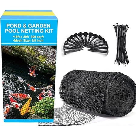 Pond Netting, 15 x 20 FT Pond Net Heavy Duty Pond Netting for Koi Ponds, Garden Pool Fine Mesh Netting Kit for Leaves, Protects Koi Fish from Birds Cats Predators, with 14 Stakes and 30 Cable Zip Ties