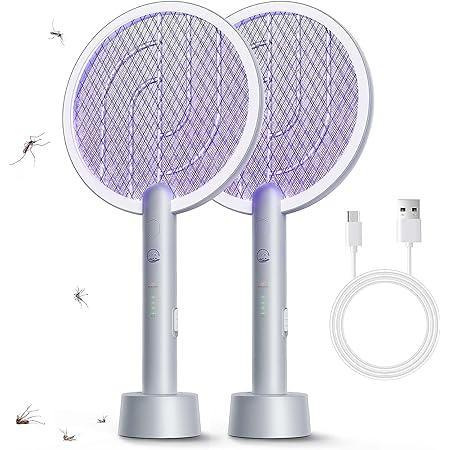 Electric Fly Swatter Racket 2 Pack, Mosiller 2 in 1 Bug Zapper with USB Rechargeable Base, 4000 Volt Indoor Outdoor Mosquito Killer with 3-Layer Safety Mesh for Pest Insect Control & Flying Trap